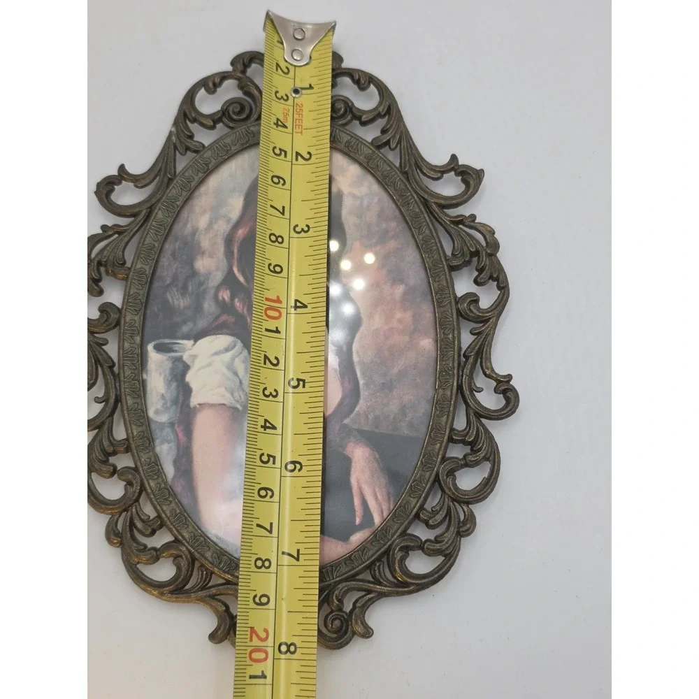 VTG Italian Florentine Brass Frame Portrait Lady Oval‎ Gallery Wall Art 8